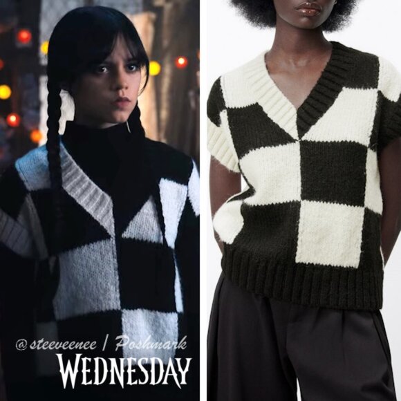 Zara Check Knit Sweater Vest ASO Wednesday Addams - Picture 1 of 14